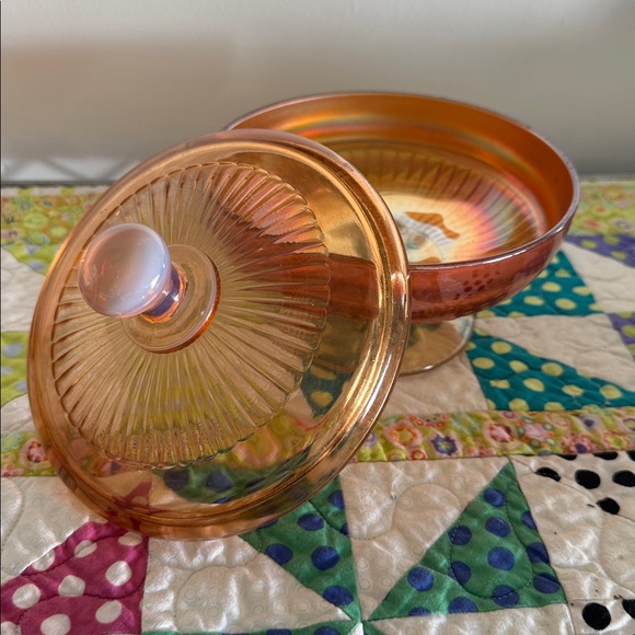 Vintage 70s Art Glass Covered Candy Dish Iridescent Grecian Gold Marigold - Picture 2 of 2